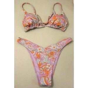 New HOLLISTER 2pc Bikini Swimsuit M/Bottom & L/Top Purple Floral Metallic Retro